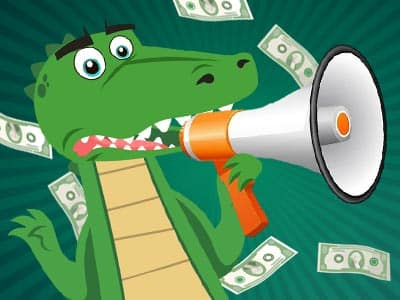 PlayCroco mascot with money raining around it holding a megaphone